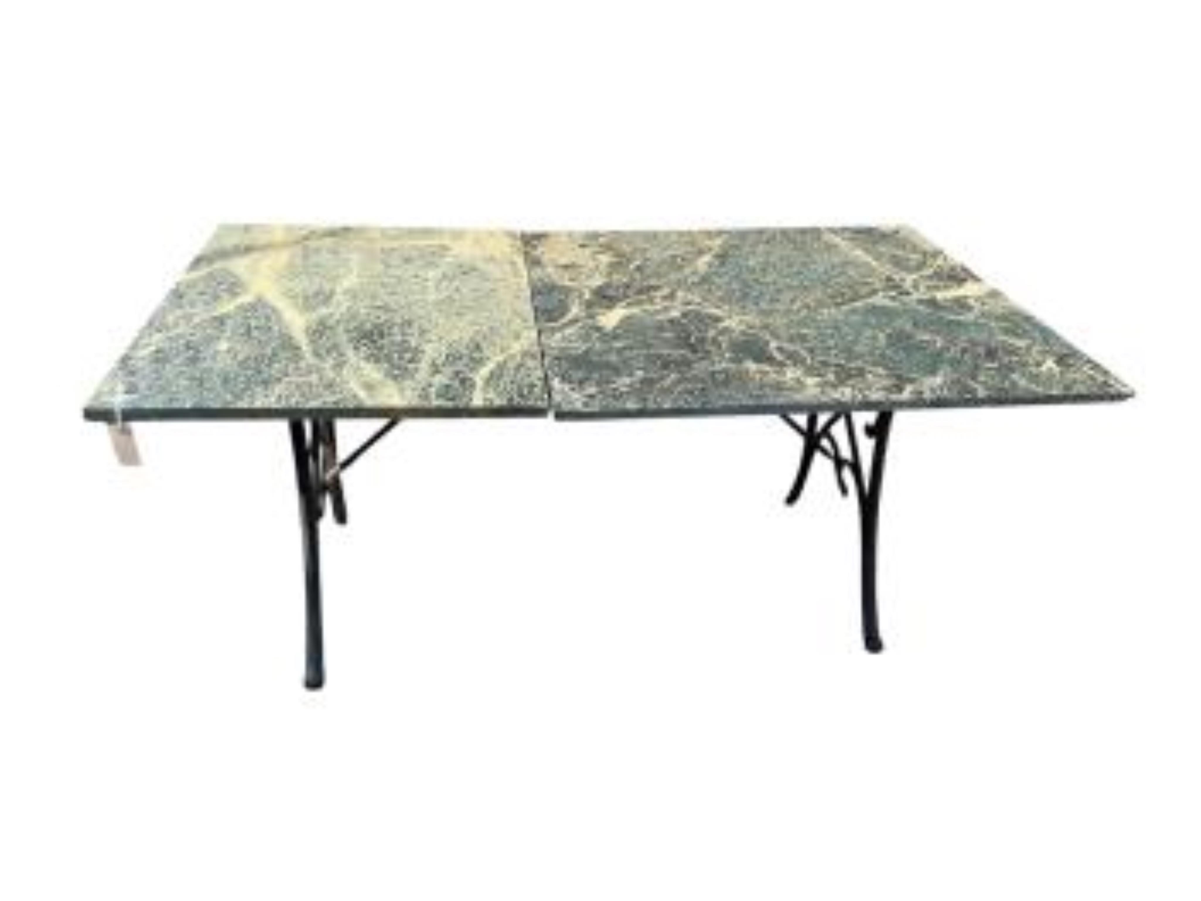 A marble top rectangular garden table, top in two sections, with 160cm, depth 94cm, height 67cm